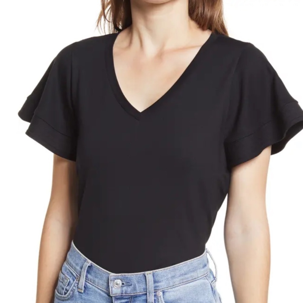 Halogen Black Flutter Sleeve V-neck Top